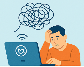 Image of a man looking at his computer and is confused.